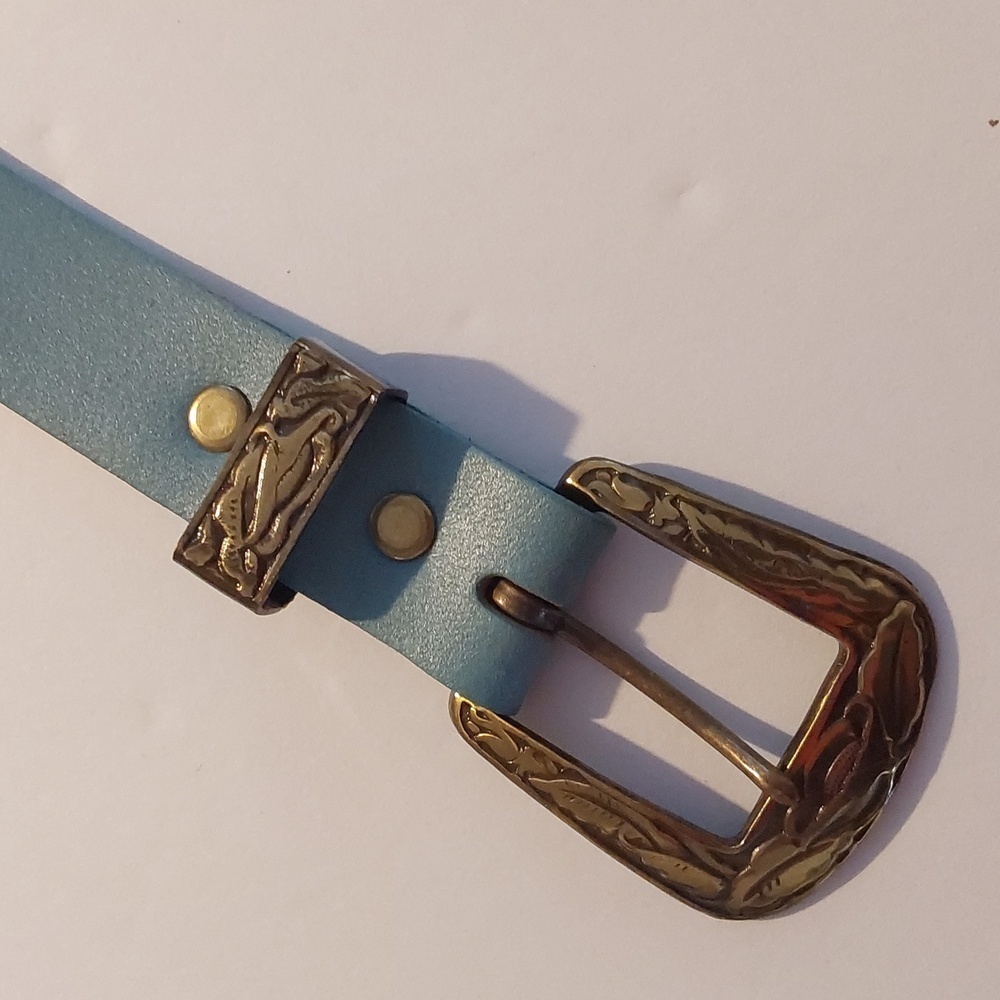 Vintage Ice Blue Leather Beaded aztec Design Belt Brass TONE Buckle Sz.M - Picture 4 of 7